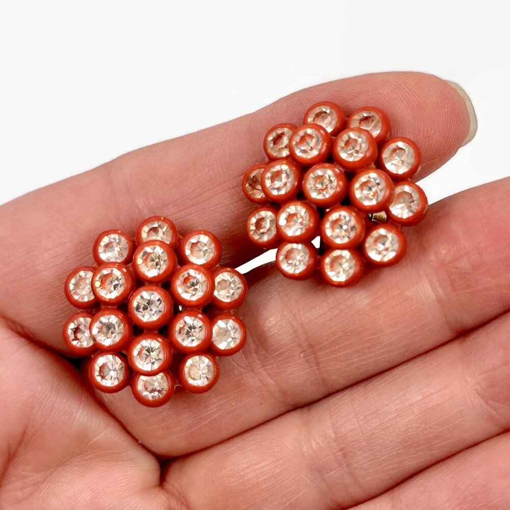 Vintage Earrings, 40s, 50s, Rhinestones, Sparkly, Red,Mid Century, Screw Backs
